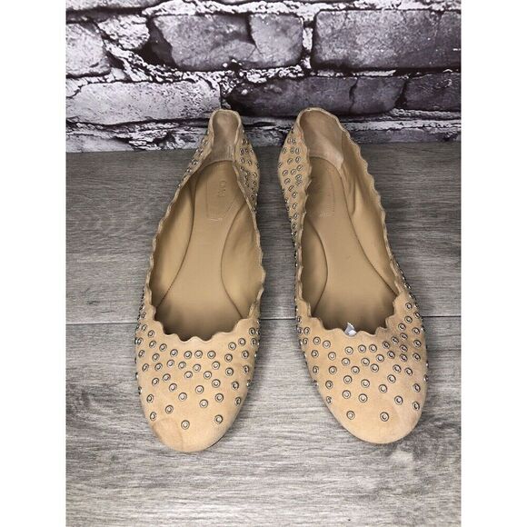 Chloe Beige Suede Leather Scalloped Studded Ballet Flats Women’s Sz 40EU/9.5M US - Picture 15 of 16